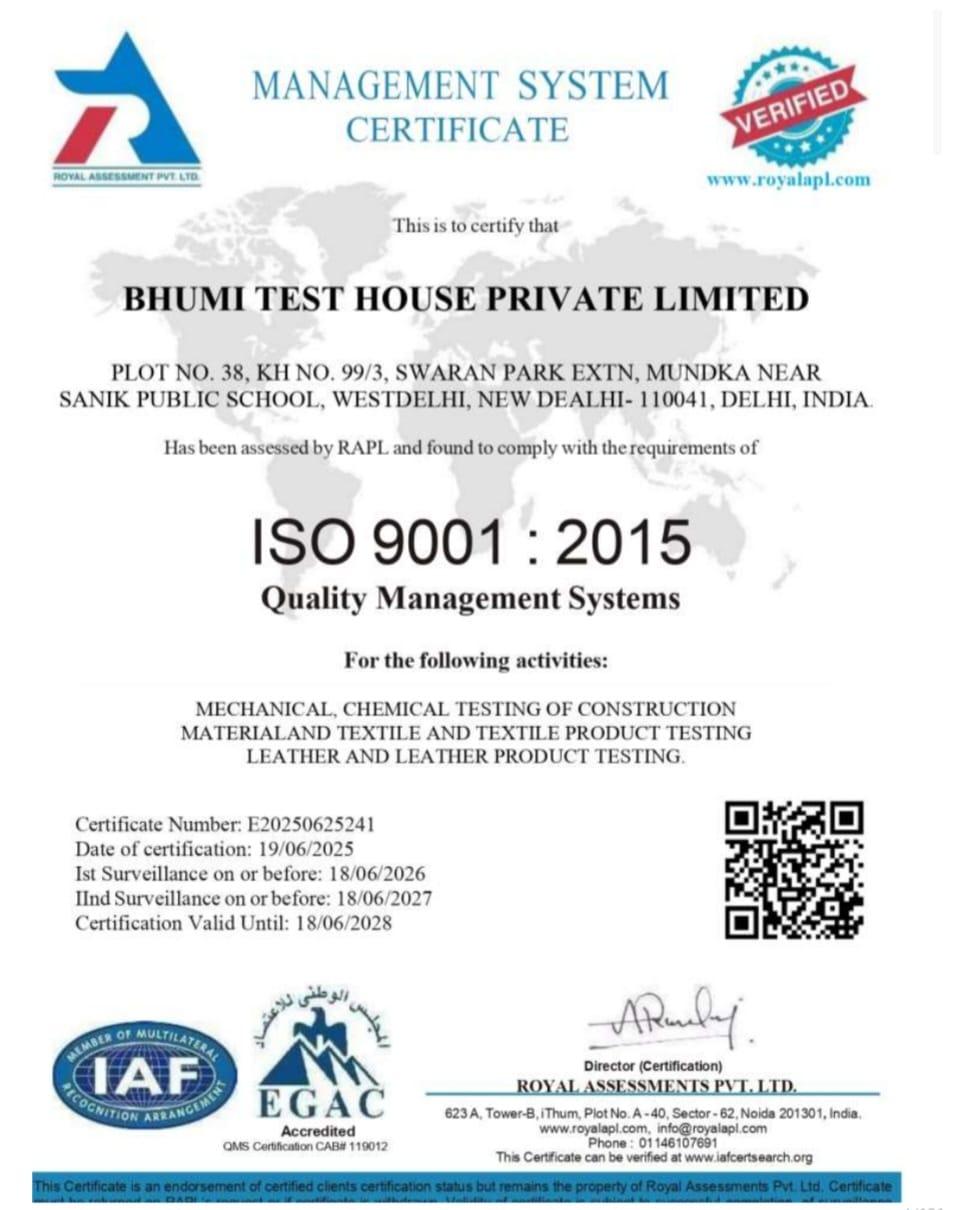 ISO 9001:2015 Certificate for Bhumi Test House