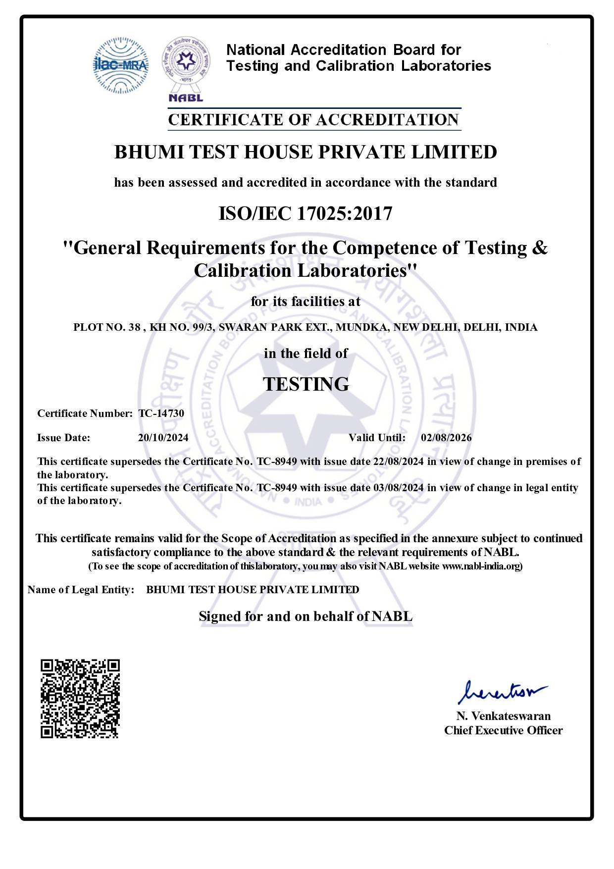ISO/IEC 17025:2017 NABL Certificate for Bhumi Test House